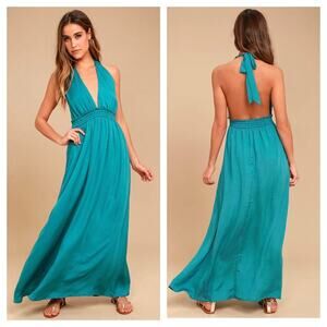 Lulus Unforgettable Night Maxi Dress XS Teal Blue Satin Halter Open Back Beach
